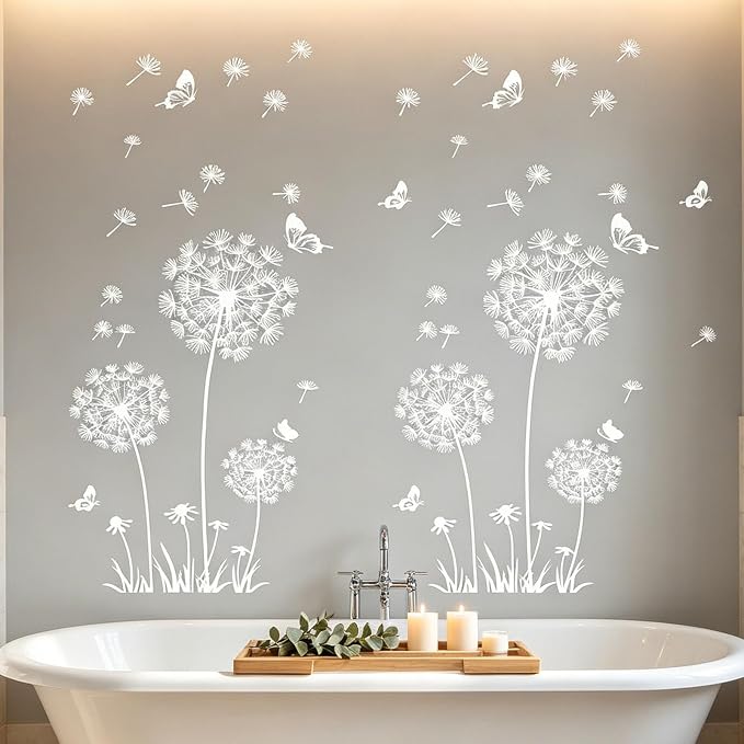 Arawat 2 Set White Dandelion Wall Decals Stickers Peel and Stick Large Vinyl Floral Wall Stickers & Murals Art Flower Walls Decals for Bedroom Bathroom Living Room Door Restroom by ARAWAT