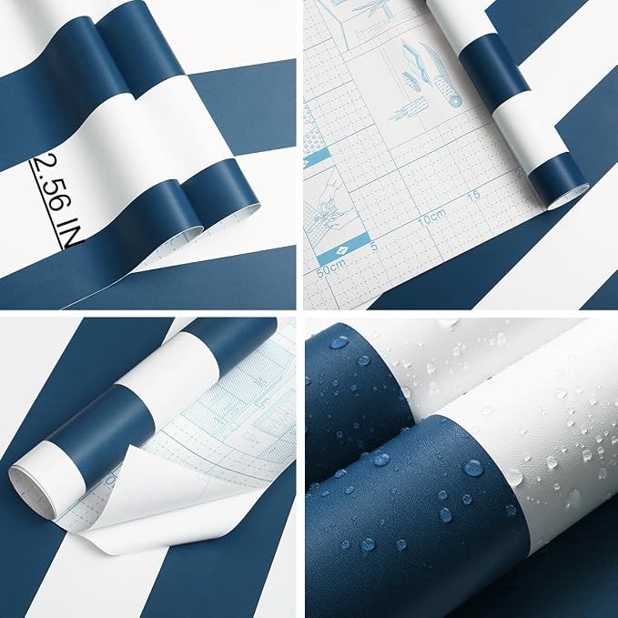Guvana 118"x17.7" Blue and White Striped Contact Paper Navy Blue Peel and Stick Wallpaper Modern Removable Wallpaper Self-Adhesive Wall Paper for Accent Wall Countertop Shelf Drawer Decor - Image 5