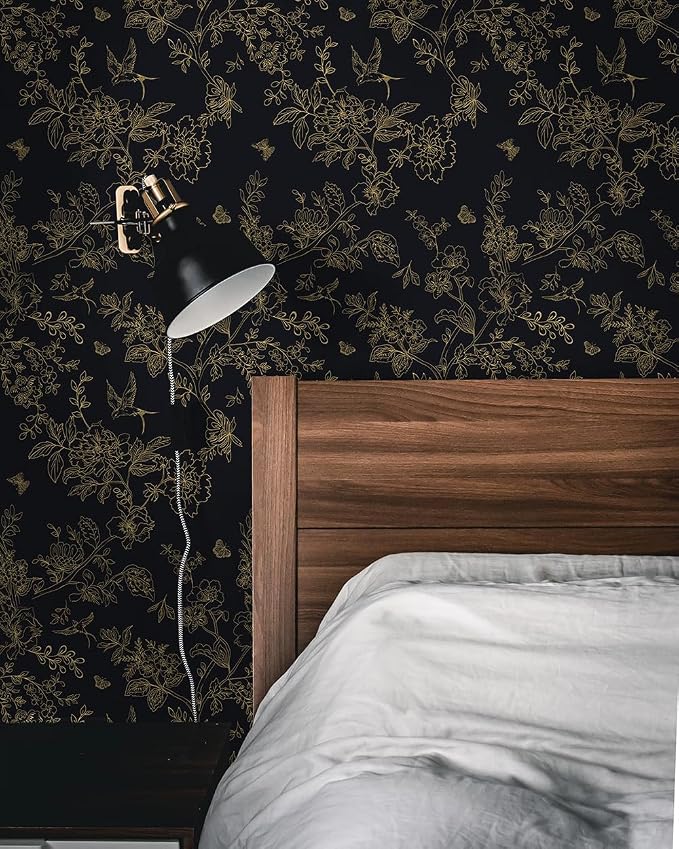 Froluya Black Gold Floral Wallpaper Peel and Stick Wallpaper 17.7in×393.7in | Dark Floral Contact Paper Peel and Stick Vintage Boho Birds Removable Self Adhesive Wallpaper for Bathroom Cabinets Vinyl - Image 2