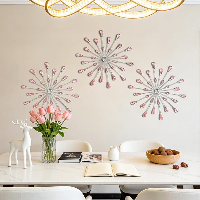 ZEXUIRU 3 Set Silver Starburst Wall Art for Home Decor Metal Bling Crystal Rhinestones Sunburst Wall Decor Sparkling Rhinestone Art Accent Silver - 13in - Image 2