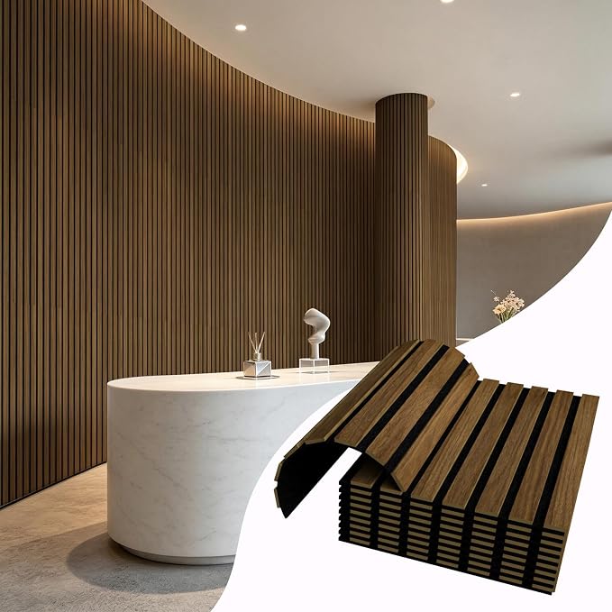 Vieshful 4-Pack Acoustic MDF Wood Slat Wall Panels for Flat & Curved Walls | 11"x15.7", Sound Absorbing Panels for Living Room, Columns, TV Walls & Interior Decor, Walnut by Vieshful