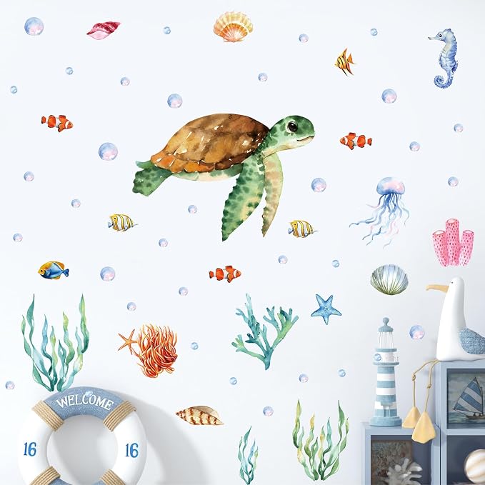 Large Summer Ocean Window Clings Decals, Watercolor Sea Turtle Jellyfish Bubbles Wall Stickers, Peel and Stick Ocean Anmial Wall Decor for Bedroom Bathroom Window School Nursery Decoration - Image 4