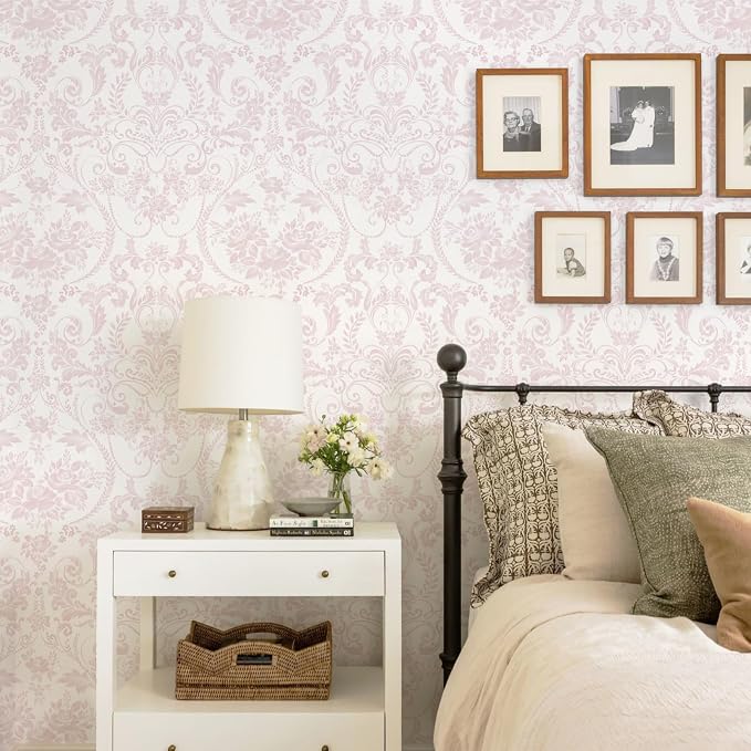 Ismoon Peel and Stick Wallpaper Pink Contact Paper 17.3in x 32.8ft Vintage Floral Wallpaper Boho Damask Removable Textured Wall Paper for Bedroom Bathroom Shelf Cabinet Décor - Image 2