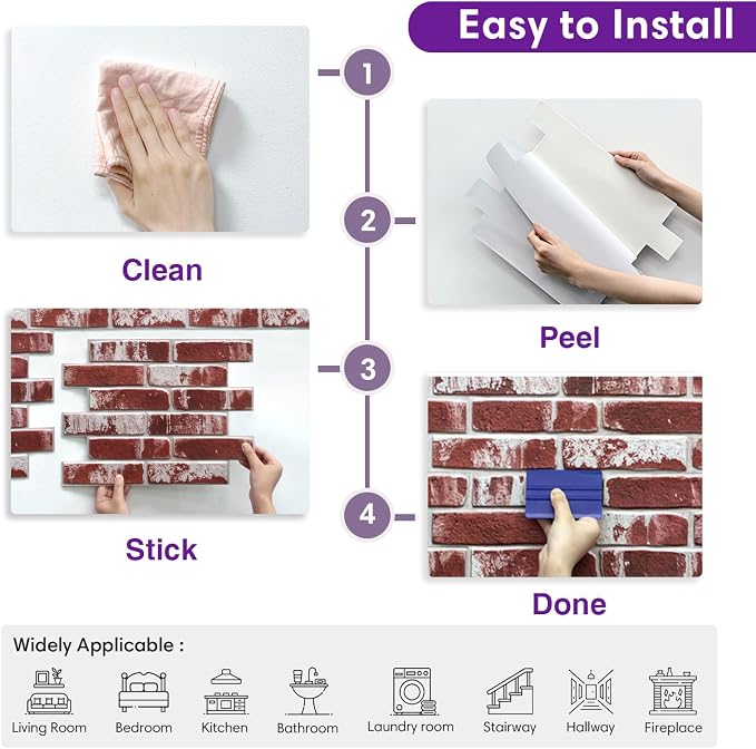 3D Peel and Stick Faux Brick Wall Panels 15.7" x 11.8" 10-Pack | Whitewashed Red, Brick-Look Textured Sticker, Thin Lightweight PVC Self Adhesive Tiles for Interior Decor, Cover 12.9 sq ft - Image 8