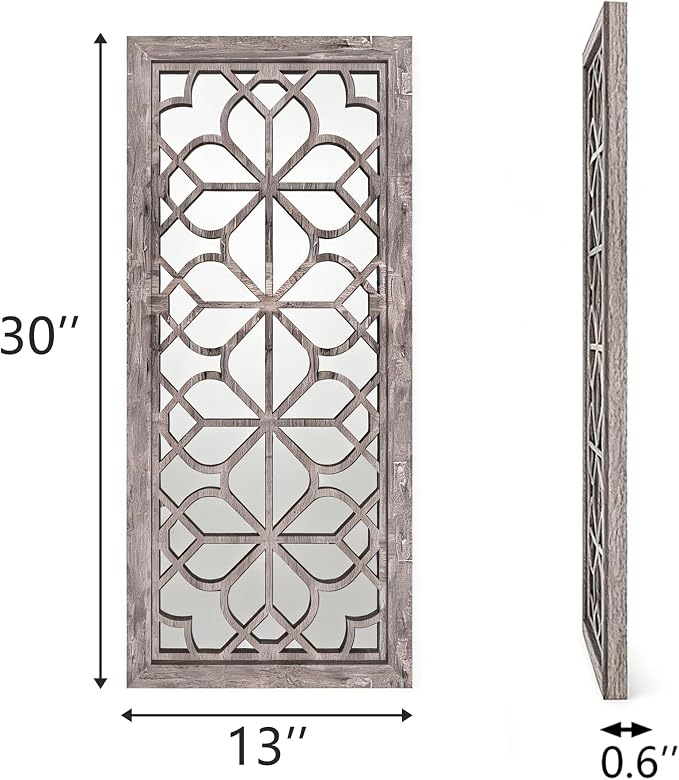 Set of 2 13x30 Inch Large Brown Shatterproof Carved Floral Wood Frame Wall Mirrors, Boho Farmhouse Rustic Accent Mirrors for Living Room Bedroom Bathroom & Home Decor - Image 2