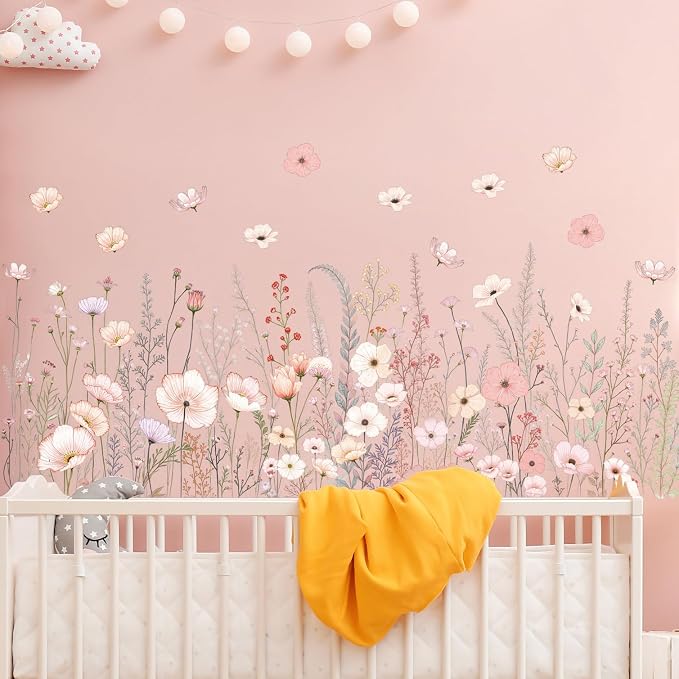 2 Pack Floral Baseboard Wall Stickers - Removable Peel & Stick Decals (3 Styles: Reeds, Flowers, Dandelions) - DIY Home Decor for Kids Girls Walls, Nursery, Classroom Wall Corner (Flower) by DRWSSR