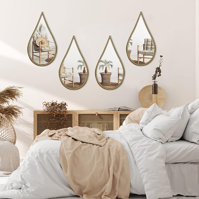 BAODANFU Decorative Mirrors Wall Mounted Mirror Teardrop Shape Metal Frame for Bedroom Living Dining Room Entryway Bathroom Vanity (Rusty Vintage Gold, 4-Pack) - Image 2