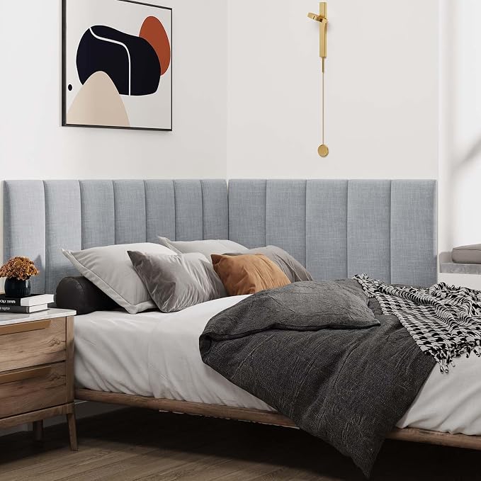 IFNOW Wall Mounted Headboard, Peel and Stick Panels, Light Grey, King | 3D Soundproof Acoustic Padding, Reusable and Removable, Tufted fabric Bed Headboard, for bedroom (12 Panels, 10" x 24") - Image 4