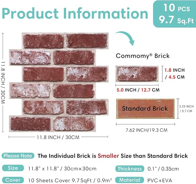 Commomy Faux Brick Wall Panels Peel and Stick Thin PVC 10 Pcs 11.8" x 11.8" | Small Size Thin PVC Quick Wall Covering Home Decor for Kitchen,Fireplace,Home Office (Covers 9.7 sq.ft) - Image 4