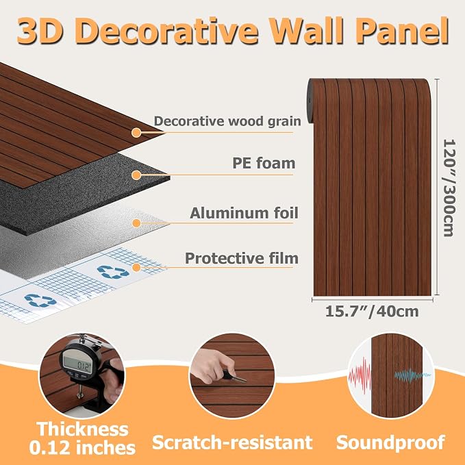 Arthome Peel and Stick Slat Wall Panels 15.7 "x120,Self-Adhesive PVC Wood Grain Wallpaper Panel,3D Thick Faux Soundproof Backsplash Accent Wall Tile for Walls & Furniture (Walnut Coverage 13 Sq.ft) - Image 8