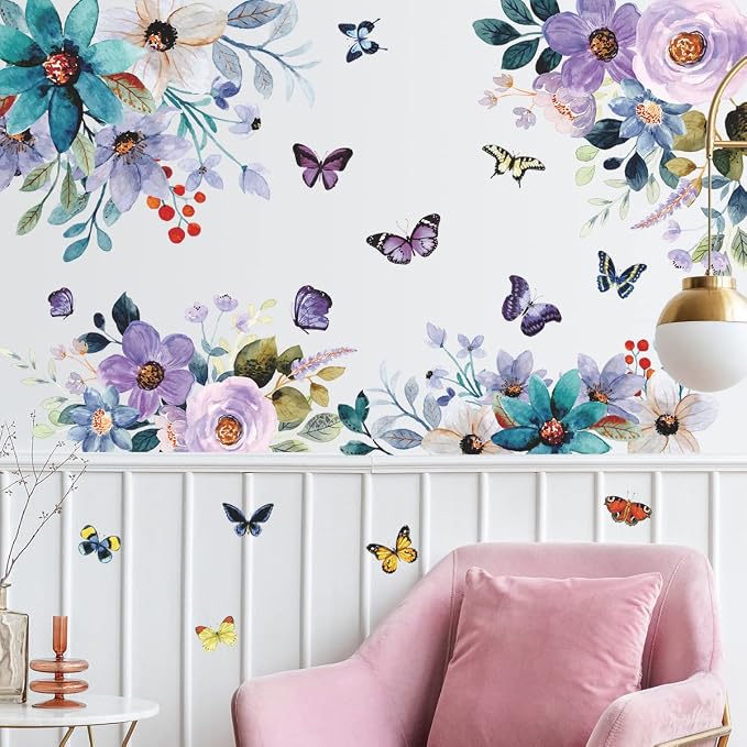 LiveGalleryWatercolor Blue Purple Flowers Wall Stickers Color Painting Rose Wall Decals DIY Vinyl Peel and Stick Butterflies Flora Mural for Girls Bedroom Living Room TV Sofa Backdrop Home Decoration by LiveGallery
