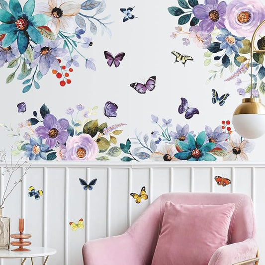 LiveGalleryWatercolor Blue Purple Flowers Wall Stickers Color Painting Rose Wall Decals DIY Vinyl Peel and Stick Butterflies Flora Mural for Girls Bedroom Living Room TV Sofa Backdrop Home Decoration by LiveGallery