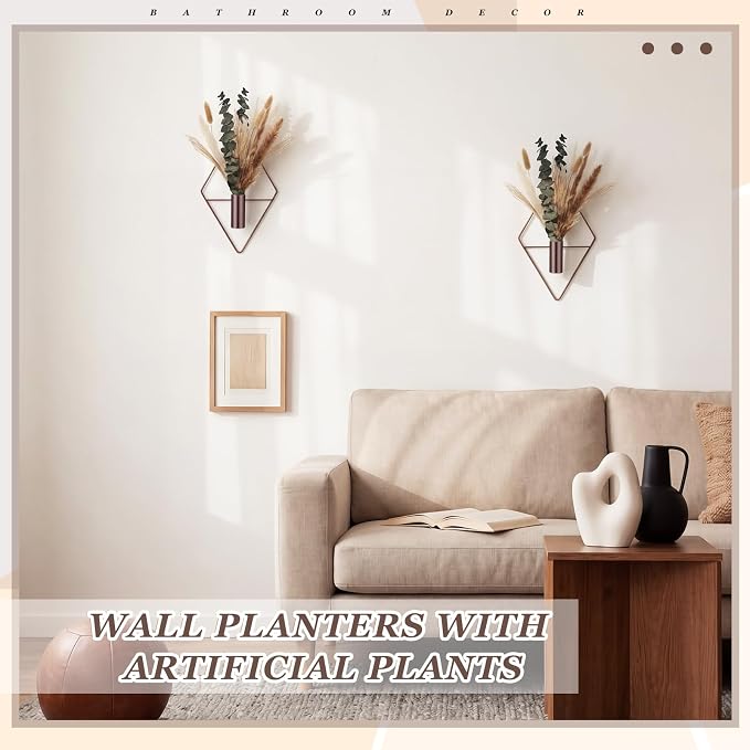 Jexine 8 Pcs Hanging Artificial Planters Wall Decor, Bronze, Pampas | Bathroom Wall Decor, Geometric Metal Vase, Indoor Plants, Living Room, Home Office, Entryway, Boho Accent, Wall Mounted - Image 7