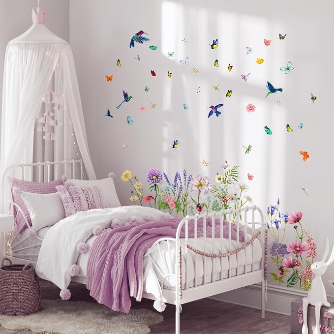 Supzone Flowers Butterflies Wall Decals Chrysanthemums Dragonflies Wall Stickers Peel and Stick Colorful Flower Stickers Elegant Wall Stickers & Murals for Girls Bedroom, Living Room Decor - Image 6