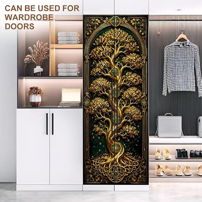 Golden Tree Fantasy Peel and Stick Door Mural 30.31x78.74 in | Golden tree in an arched fantasy panel; self-adhesive vinyl that smooths onto flat game room or bedroom doors - Image 8