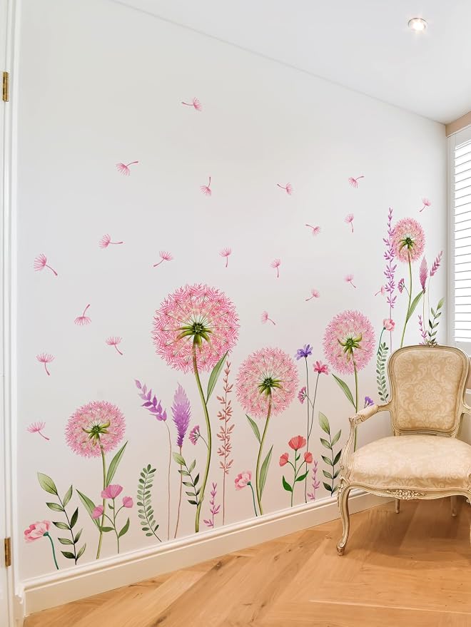 Pink Flower Dandelion Wall Stickers - Wildflower Fluffy Seed Soft Floral Wall Mural Peel & Stick Removable Wall Art Decals for Girl Bedroom Baby Nursery Kid Room,56 cm x 96 cm by Unknown