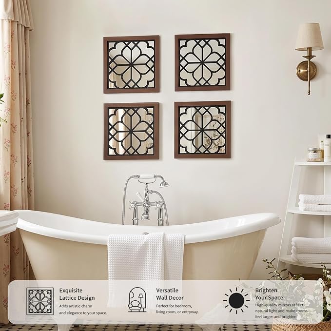 ZEXUIRU 4 Set Rustic Wall Mirrors for Bedroom Bathroom Living Room Entryway Wood Farmhouse Square Easy to Hang Framed Decorative Accent Hanging Wall-Mounted Mirror Set for Living Room -Walnut - Image 7