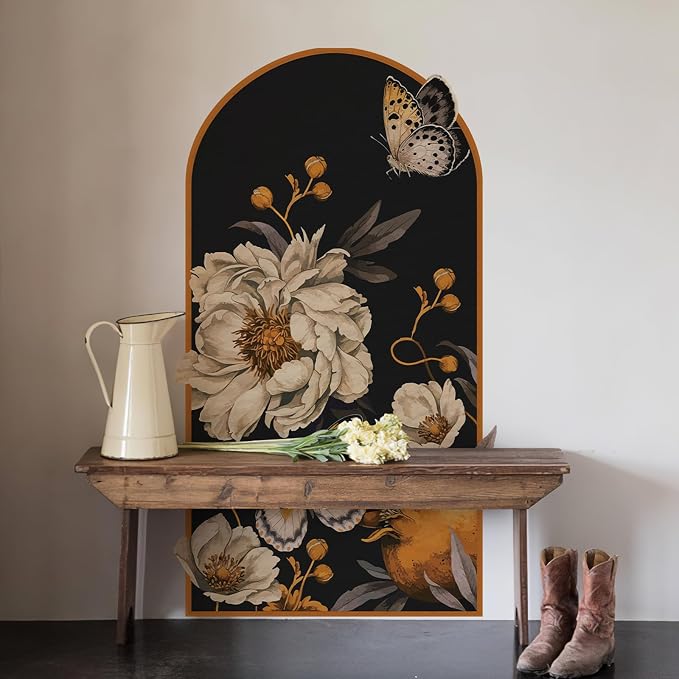 Boho Arch Wall Decals Vintage Floral Wall Sticker Peel and Stick 60"x 34.6" | Large Brown Flower Mural for Door Decor Removable Warm Peony Butterfly Wall Decal for Bedroom Living Room Office - Image 6