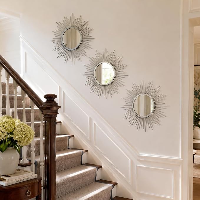 Silver Sunburst Mirror Set of 3, 3PCS Metal Round Decorative Wall Mirrors, Starburst Accent Mirror Wall Decor for Bathroom, Living Room, Bedroom & Entryway - Image 5