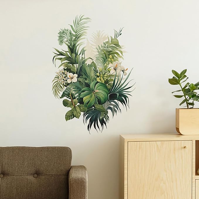 Botanical Wall Decals with Palm Leaves Lush Green Foliage White Flowers Removable Peel and Stick Wall Art 22.4x15.7 inches for Living Room Nursery Home Decor - Image 3