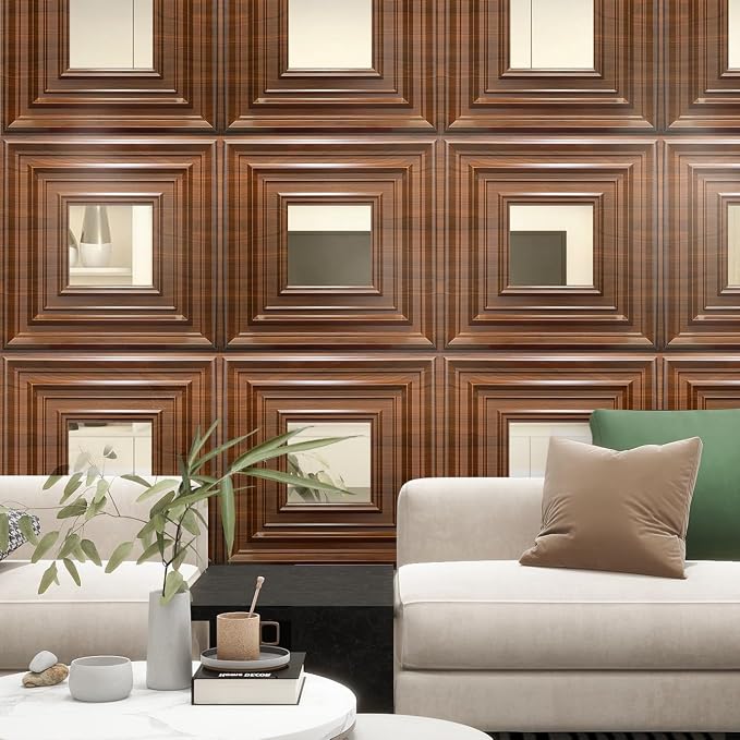 12 Pack PVC Ceiling Tiles 19.7"x19.7" – Silver Mirror & Wood Grain 3D Wall Panels for Wall and Ceiling Decoration,Cover 32.3 Sq.Ft – Waterproof,Lightweigh(Dark Brown, Silver) - Image 2