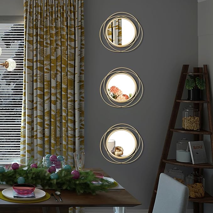 3 Set Round Mirrors for Wall Decor Living Room Bedroom Bathroom Dining Room Metal Circle Mirror Set Boho Decorative Sunburst Wall Art Accent Entryway - Gold 9.5 in - Image 4