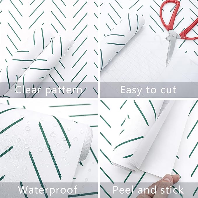 Erfoni Peel and Stick Wallpaper Green Herringbone Wallpaper for Bathroom | 17.7in x 393.7in Modern Geometric Removable Contact Paper Green and White Line Peel Stick Self Adhesive Wallpaper for Walls - Image 6