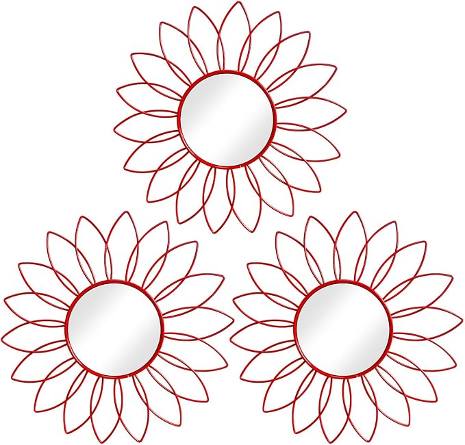 3 Pack Metal Mirrors for Wall Sunburst Wall Mirrors Home Décor Decorative Hanging Wall Art for Living Room Bedroom Entryway (Red, Flowers) by Uaussi