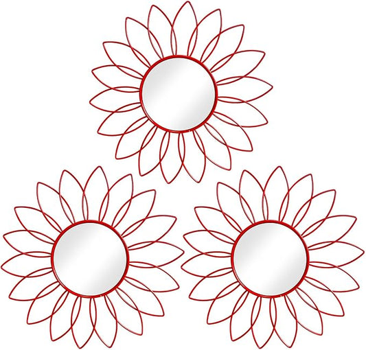 3 Pack Metal Mirrors for Wall Sunburst Wall Mirrors Home Décor Decorative Hanging Wall Art for Living Room Bedroom Entryway (Red, Flowers) by Uaussi