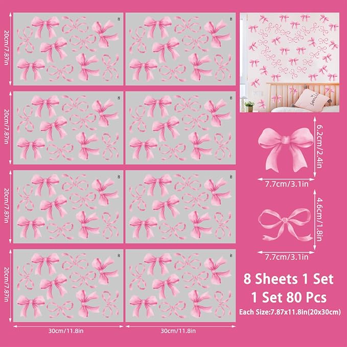Arawat 8Sheet/80pcs Pink Bowtie Wall Stickers and Decals for Bedroom and Bathroom Bow Room and Wall Decor Coquette Room Decor for Bedroom Bow Sticker - Image 3