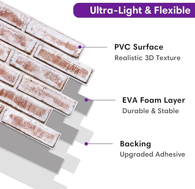 3D Faux Brick Wall Panels Peel and Stick, Designed for Quick DIY | White with Red, 10 Pcs 15.7" x 11.8", Brick-Look, Light PVC Fake Brick Covering Tiles for Wall Renovation, Cover 12.9 sq ft - Image 4