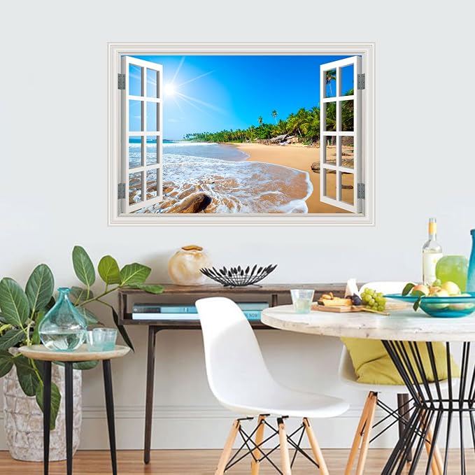 Fake Window Wall Decal- Summer Beach Seascape Coast Open Wall Art Sticker | Faux Window Tropical Ocean Natural Landscape Mural｜ Stick and Peel Wall Decals｜for Room Office Decor｜48"x32",Set of 2 Sheets - Image 3