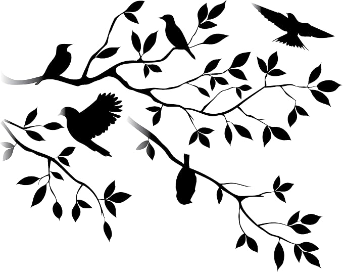 Picniva Glossy Black 20'' X 59'' Burnish Birds & Blossoms Vinyl Wall Decal Art Décor by Picniva