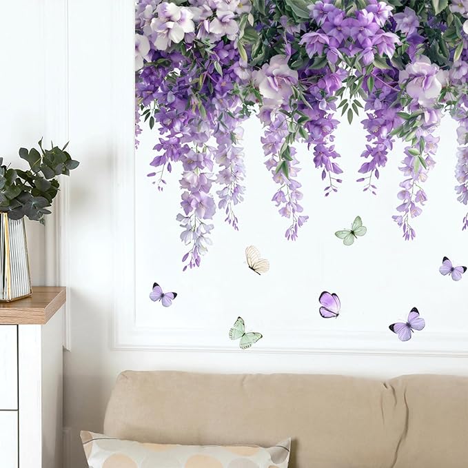 Purple Hanging Vine Wall Decals, Removable Wisteria Floral Vinyl Stickers, Flower Vine Butterfly Stickers Art Wallpaper for Home Clings Bathroom Bedroom Living Room Wall Corner Decor - Image 4