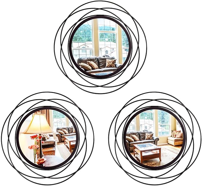 3 Set Round Mirrors for Wall Decor Living Room Bedroom Bathroom Dining Room Metal Circle Mirror Set Boho Decorative Sunburst Wall Art Accent Entryway - Black 9.5 in by Cityelf
