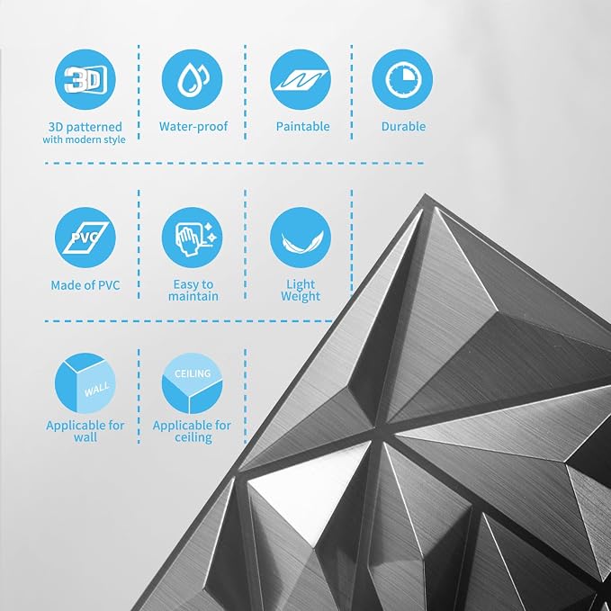 Art3d 33-Pack Modern Diamond Textured 3D Wall Panels, 12 x 12 in, Silver | Light PVC, Waterproof, Scratch Proof, Decorative Wall, Ideal for Home, Office & Commercial Spaces - Image 6