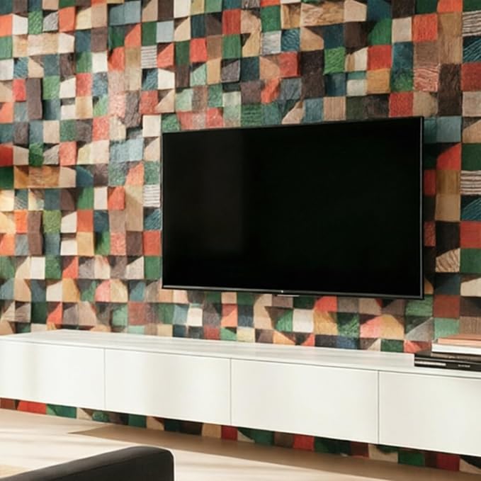 Geometric 3D Wood Wall Art Decor, 11.8"x11.8" Natural Solid Wood Mosaic Wall Tiles, Decorative Sound Diffuser Panels for Living Room TV Background, Home Theater, Bedroom, Easy Install - Image 3