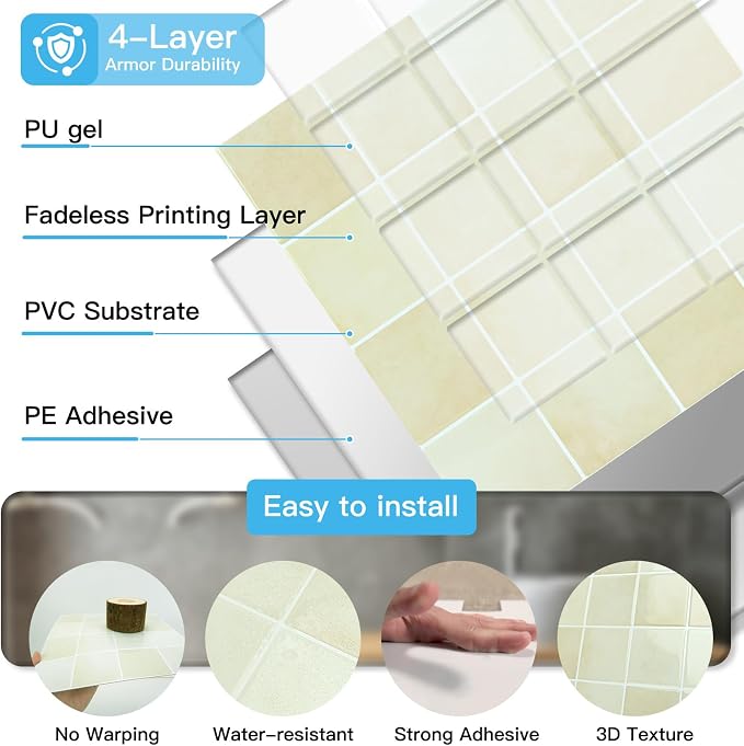 Art3d Grid Design Peel and Stick Backsplash, 10-Pack, 12 x 12 in, Sandstone | Enhanced Thickness, Strong Adhesion, Moisture Resistant, Long-Lasting, Minimalist Look, DIY Friendly, for Kitchen Countertops - Image 6