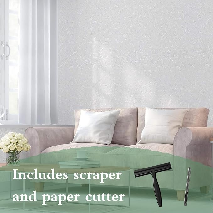White Textured Wallpaper Peel and Stick Silk Embossed Vinyl Contact Paper | 15.7" X 118" Removable Self Adhesive Wall Vinyl Wrap Covering for Bedroom with Scraper, Paper Cutter - Image 2