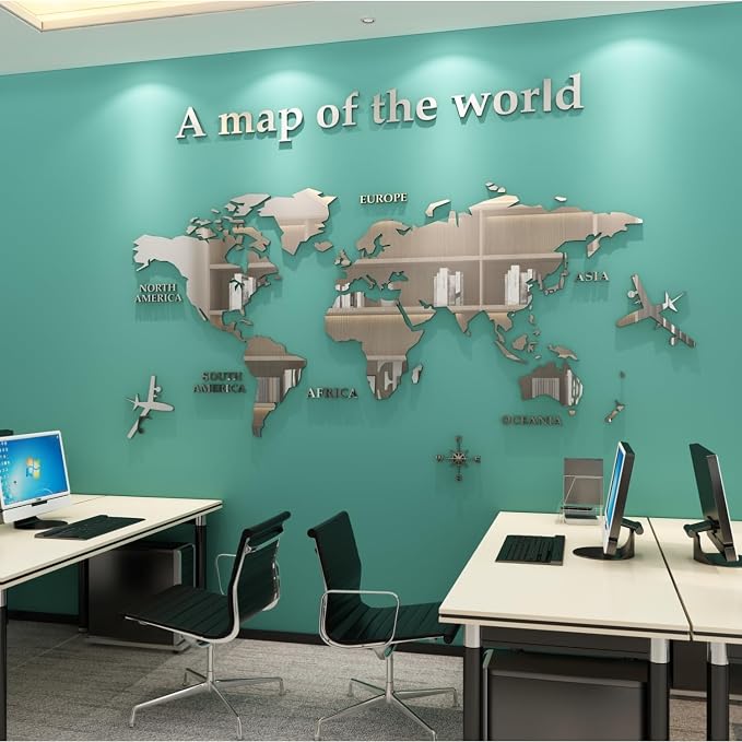 WINDIR 3D World Map Wall Stickers Decor Murals DIY Decal Silver 71x40 inch, Acrylic Office Wall Art Decor Bedroom Living Room TV wall (Silver: 180x100 cm) Large by WINDIR