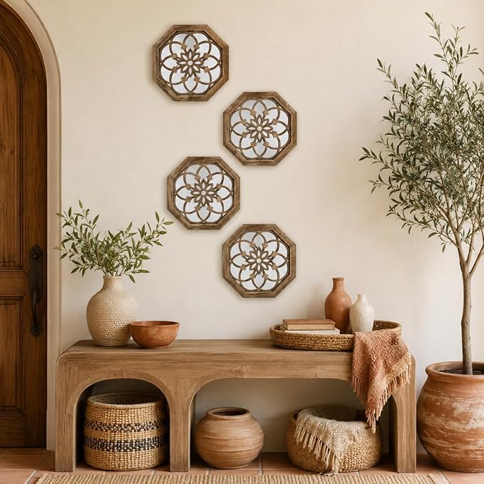 4 Pack 12 Inch Octagon Maroon Rustic Wood Frame Acrylic Wall Mirrors, Farmhouse Boho Wall Art Decor for Living Room, Bedroom, Hallway, Entryway, Bathroom & Office - Image 2