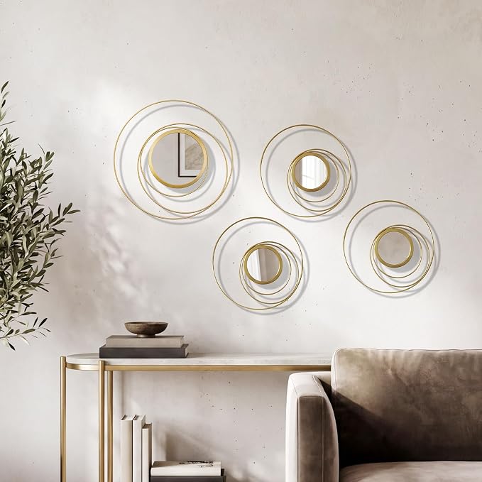 4 Piece Gold Round Wall Mirror Set Modern Metal Circles for Home Decor - Image 4