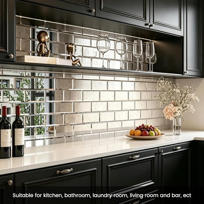 Peel and Stick Light Antique Mirror Subway Tile 3 x 6 Inch Beveled Mirror Tiles for Kitchen Backsplash Bathroom Wall （40 Pcs） - Image 2