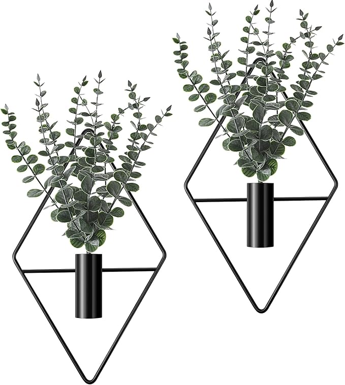 Jexine 4 Pcs Hanging Artificial Planters Wall Decor, Black, Eucalyptus | Bathroom Wall Decor, Geometric Metal Vase, Indoor Plants, Living Room, Home Office, Entryway, Boho Accent, Wall Mounted by Jexine