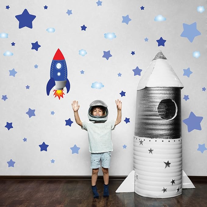 Large Rocket and Star Wall Decals, Outer Space Wall Stickers, Peel and Stick Removable Star Sticker, Art Decor for Kids Boys Bedroom Nursery Living Room,Playroom Classroom Decoration by Kasubeso