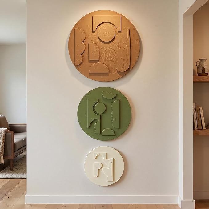 3D Textured Round Modern Abstract Boho Wall Art for Living Room, 3 Piece | Minimalist Bohemian Geometric Sculptures Artwork for Walls, White Terracotta Green Paintings, Bedroom Home Office Wall Decor - Image 5