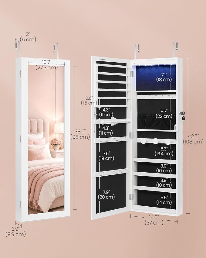 SONGMICS Jewelry Cabinet, Wall or Door Mounted Armoire, 6 LED Lights - Image 6