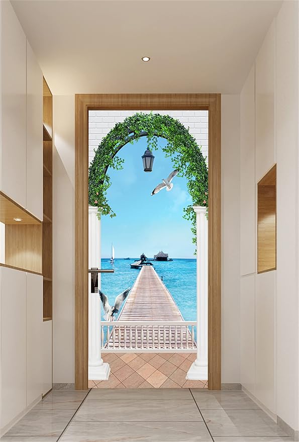artfanke 3D Door Sticker Peel and Stick 30.3"x78.7"- Self-Adhesive Door Murals Wallpaper - Arched Seagulls Bridge Seascape Wall Decal for Bedroom Decor (2 Sheets/Set) - Image 5