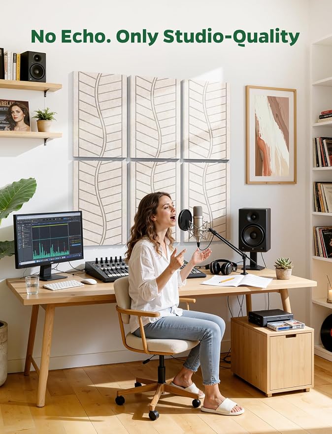 6 Pack Acoustic Panels Sound Absorbing for Home Office Walls, Camel Leaf Textured Self-Adhesive Art Decorative Ceiling Tiles Acoustical Treatments for Recording Studio Room Door 17"×12"×0.4" - Image 6