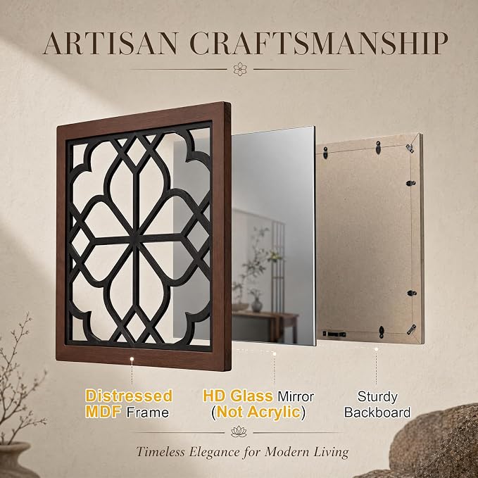 ZEXUIRU 4 Set Rustic Wall Mirrors for Bedroom Bathroom Living Room Entryway Wood Farmhouse Square Easy to Hang Framed Decorative Accent Hanging Wall-Mounted Mirror Set for Living Room -Walnut - Image 3